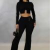 Women Autumn/Winter Ribbed Sexy Cutout Top Bell Bottom Pant Two-Piece Set