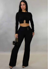 Women Autumn/Winter Ribbed Sexy Cutout Top Bell Bottom Pant Two-Piece Set