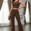 Women Brown Slip-On Backless Top and Bell Bottom Pants Two-Piece Set