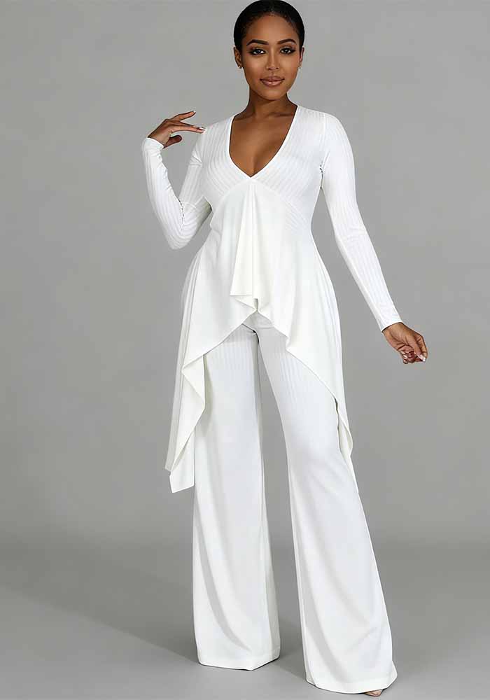 Women Casual Ribbed Irregular Long-Sleeve V-Neck Top and Pant Two-Piece Set