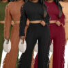 Women Casual Solid Knitting Long-Sleeved Tassel Top and Pant Two-Piece Set