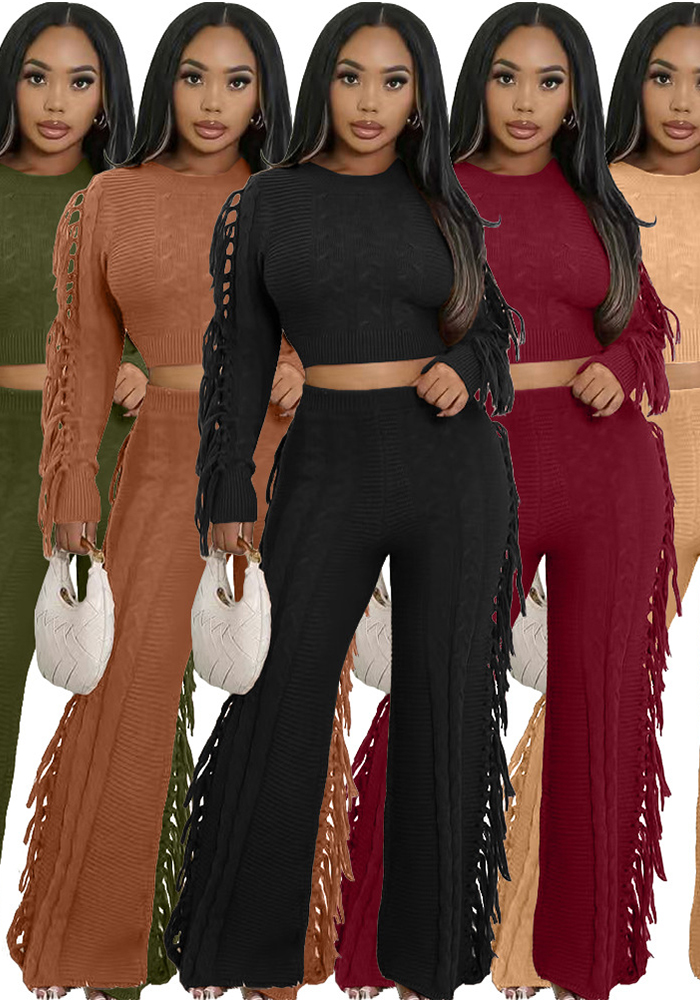 Women Casual Solid Knitting Long-Sleeved Tassel Top and Pant Two-Piece Set