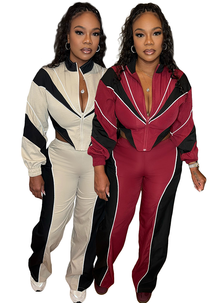 Women Color Block Patchwork Zipper Top and Panties Two-Piece Set