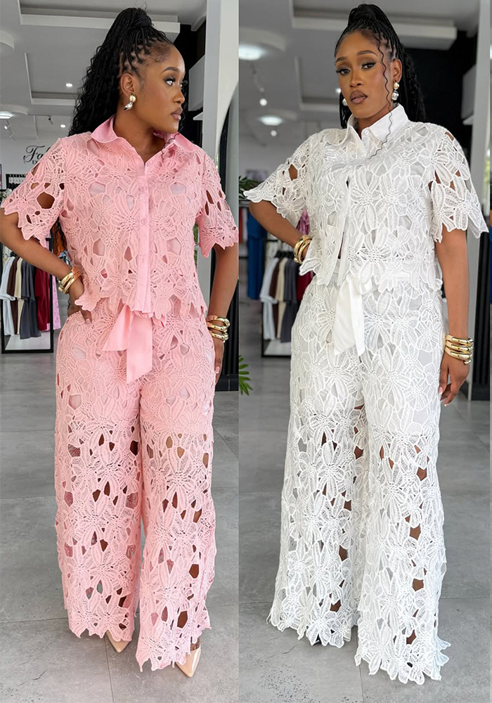 Women Elegant Hollow-Out Lace Top and Pant Two-Piece Set