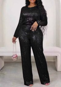 Women Elegant Long-Sleeved Round Neck Sequin Two-Piece Set