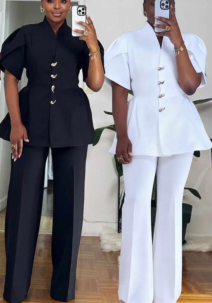 Women Elegant Puff Sleeve Button Top and Pant Two-Piece Set