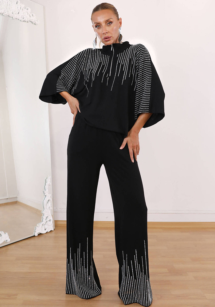 Women Fall Beaded Top and Casual Wide-Leg Pants Two-Piece Set