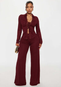 Women Fall Casual Turndown Collar Long-Sleeved Tie-Drawn Shirt and Pants Two-Piece Set