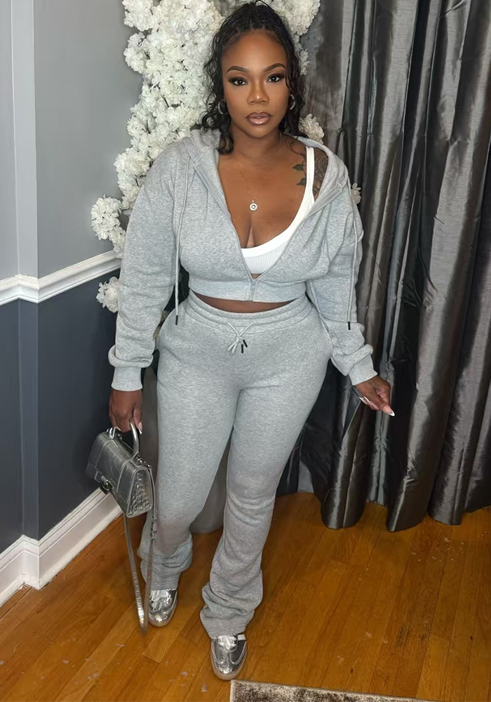 Women Fall/Winter Hooded Long-Sleeved Zipper Hoodies and Casual Pants Two-Piece Set