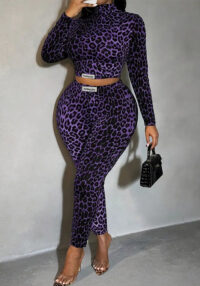 Women Leopard Print Long-Sleeve Top and Pant Two-Piece Set