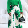 Women Long-Sleeved Shirt and Floral Wide-Leg Bell Bottom Pant Two-Piece Set (No Belt)