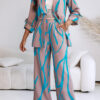 Women Printed Contrast Striped Top and Wide-Leg Trousers Two-Piece Set