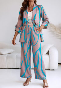 Women Printed Contrast Striped Top and Wide-Leg Trousers Two-Piece Set