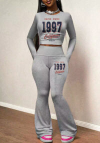 Women Round Neck Long-Sleeve Printed Top and Pant Two-Piece Set