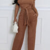 Women Round-Neck Ribbed Lace-Up Two-Piece Set