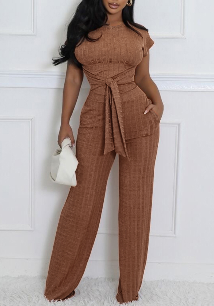 Women Round-Neck Ribbed Lace-Up Two-Piece Set