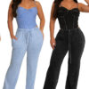 Women Sexy Cotton Washed Strapless Top and Pant Two-Piece Set