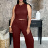 Women Solid Sleeveless Round Neck Top and Pants Two-Piece Set