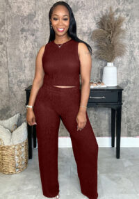 Women Solid Sleeveless Round Neck Top and Pants Two-Piece Set