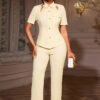 Women turndown collar two-piece shirt and pants set with cutout buttons