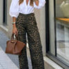 Women V-neck puff sleeve white lining and leopard print wide-leg Pant two-piece set