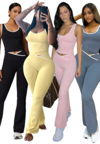 Women Yoga Contrast Color Cross Bell Bottom Pants Two-piece Set