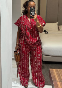 Women's African Chic Trendy Print Short Sleeve Drawstring Slim Fit Shirt Pants Set