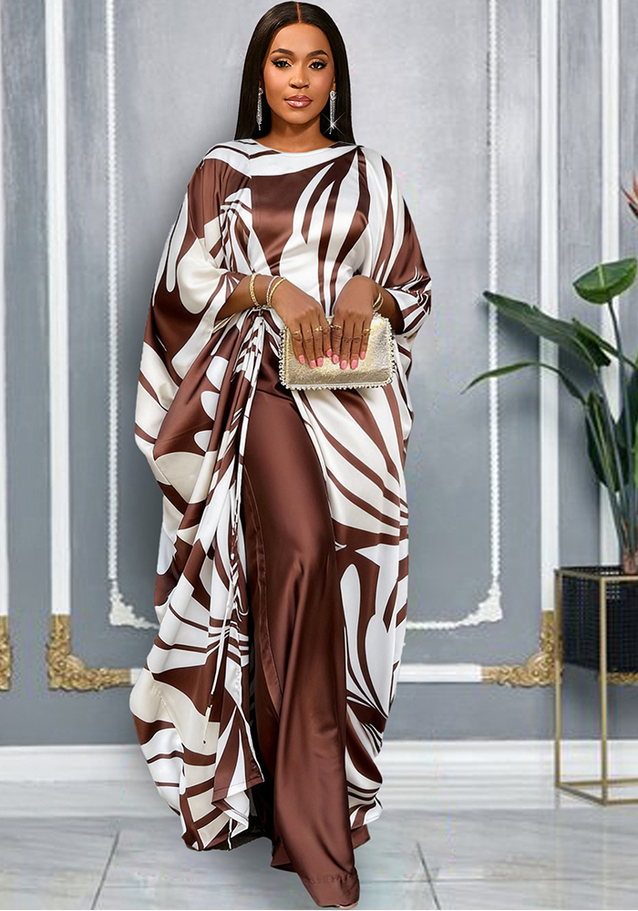 Women's African Print Drawstring Lace-Up Loose Top Casual Wide-Leg Pants Two-Piece Set