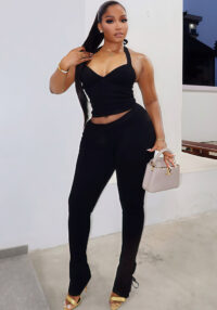 Women's Autumn Casual Solid Color Sleeveless Halter Neck Tight Fitting Pants Set