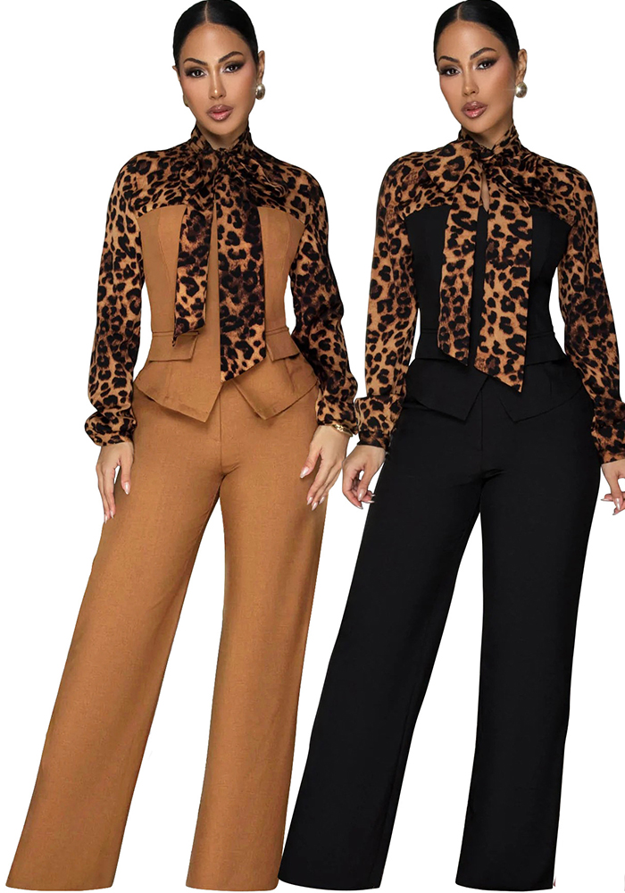 Women's Autumn Fashion Leopard Print Tie Neck Casual Two Piece Pants Set
