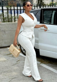 Women's Autumn Fashion V-Neck Button Slim Waist Vest Straight Leg Solid Color Pants Set