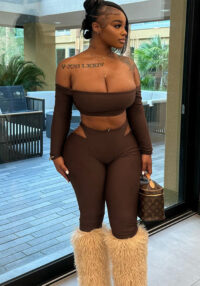 Women's Autumn Off-Shoulder Crop Top & High-Waist Hollow Out Pants Set