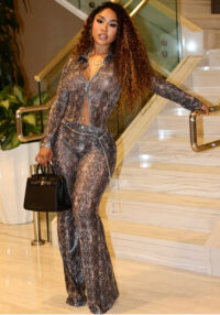 Women's Autumn Snake Print Long Sleeve Zipper Pleated Two-Piece Set