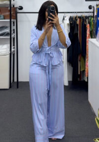 Women's Autumn Sweet V-Neck Striped Tie-Front Shirt and Pants Casual Set