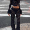 Women's Autumn Winter Fashion Print Fur Collar Lace Patchwork See-Through Pants Set