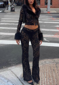 Women's Autumn Winter Fashion Print Fur Collar Lace Patchwork See-Through Pants Set