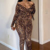 Women's Autumn Winter Leopard Print Off Shoulder Deep V-Neck Finger Sleeve High Waist Pants Set