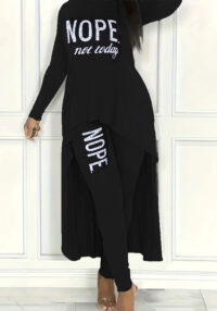 Women's Autumn Winter Letter Print Asymmetric Long Sleeve Top and Tight Fitting Pants Two-Piece Set