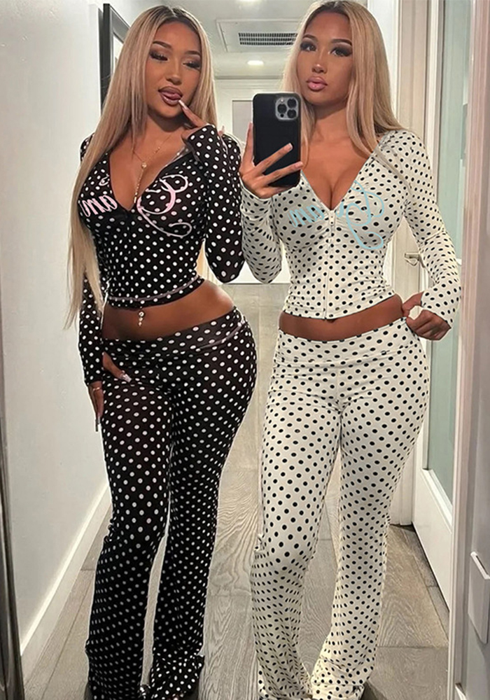 Women's Autumn Winter Polka Dot Letter Print Sexy Crop Hoodie and Pants Set