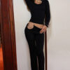 Women's Autumn Winter Sexy Metal Ring Detail Top and Pants Set