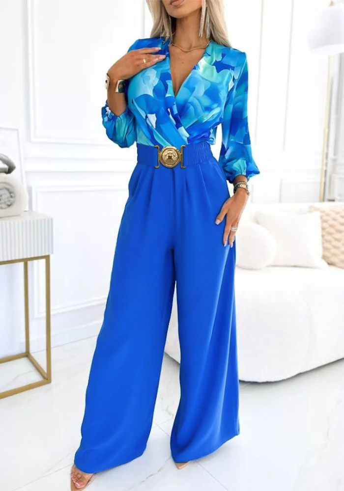 Women's Cross V-Neck Lantern Sleeve Top + Buckle Elastic Waist Wide-Leg Pants Set