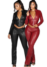 Women's Fashion Slim Fit Zipper Stretch Leather Casual Flared Pants Set