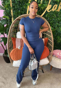 Women's Fashion Solid Color Slim Sexy Yoga Stretch Short Sleeve Top and Pants Set