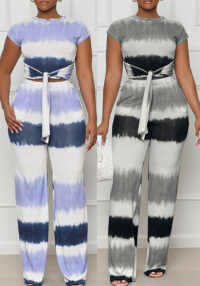 Women's Fashion Tie Waist Open Waist Top Sexy Straight Pants Gradient Color Outfit Set