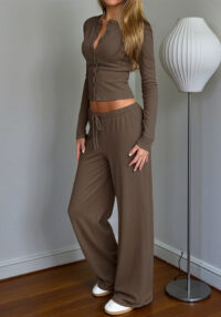 Women's Knitting Slim Waist Long Sleeve Button-Down Top High Waist Drawstring Loose Straight Leg Pants Autumn Casual Set