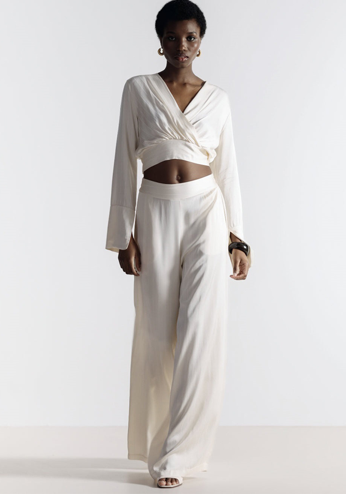 Women's Long Sleeve V-Neck Crop Top and High-Waist Wide-Leg Pants Set