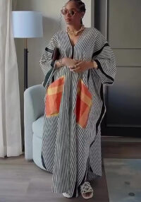 Women's Plus Size Loose Pocket Color Block African Trendy Dress