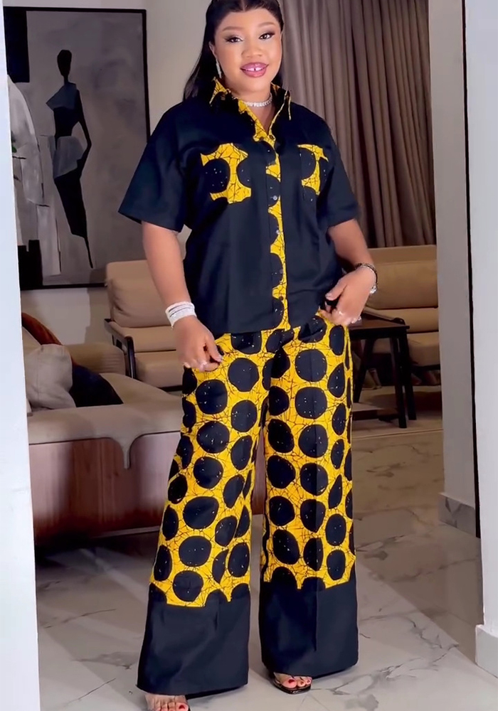 Women's Plus Size Polka Dot Turndown Collar African Pants Set