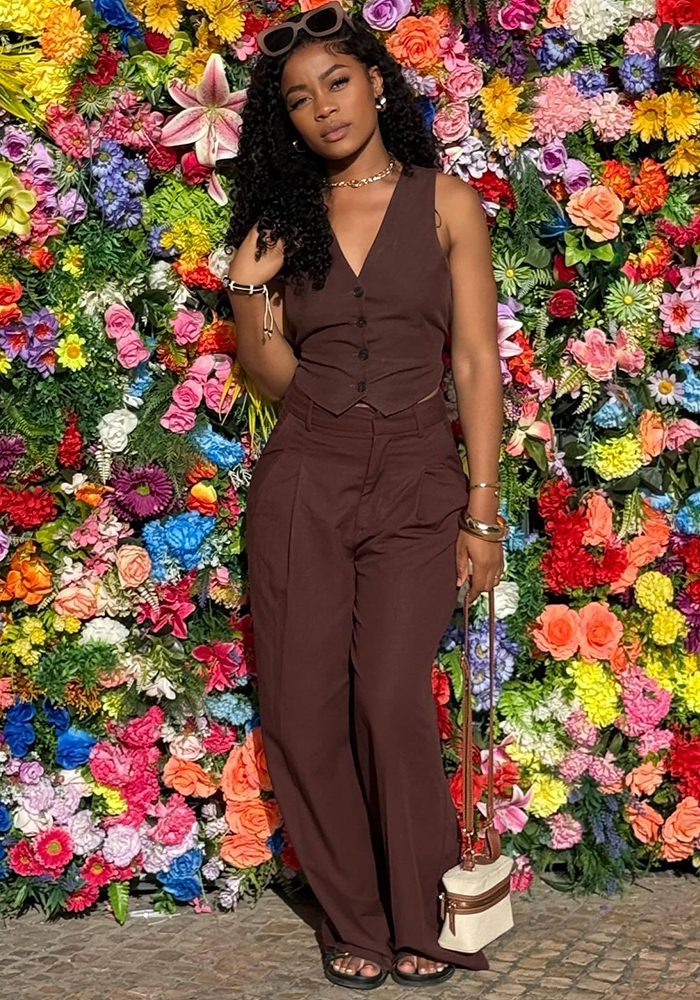 Women's Sexy Sleeveless Low Back Vest Solid Color Pants African Chic Set