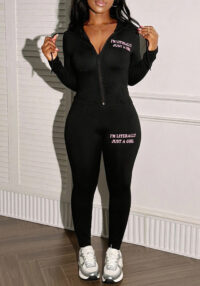 Women's Slim Fit Letter Print Hooded Long Sleeve Track Two Piece Pants Set